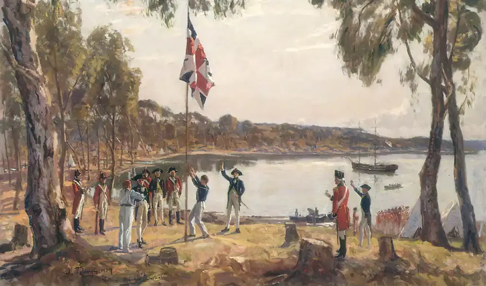 A painting depicting the arrival of the First Fleet and the raising of the Union Jack in Sydney Cove. Credit: State Library of Victoria